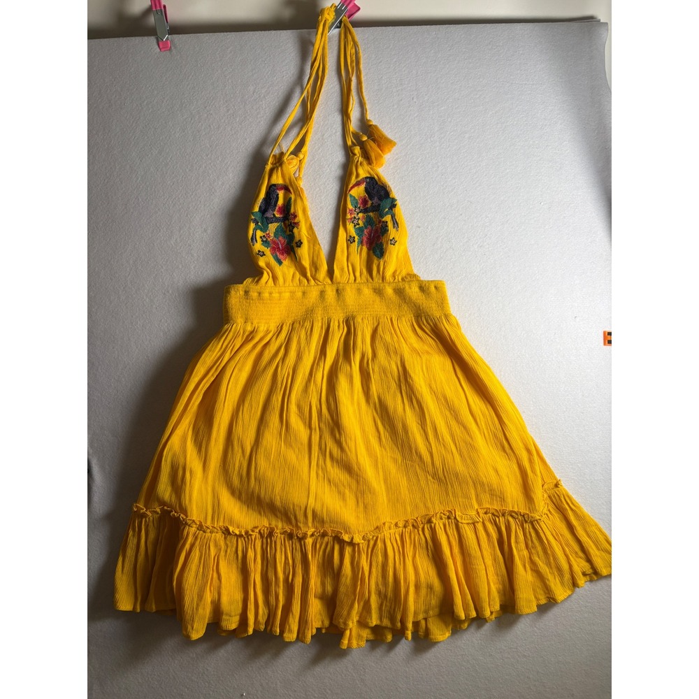 Forever 21 Yellow Embroidered Halter Mini Dress Floral Bird Tassel Large - Picture 4 of 11